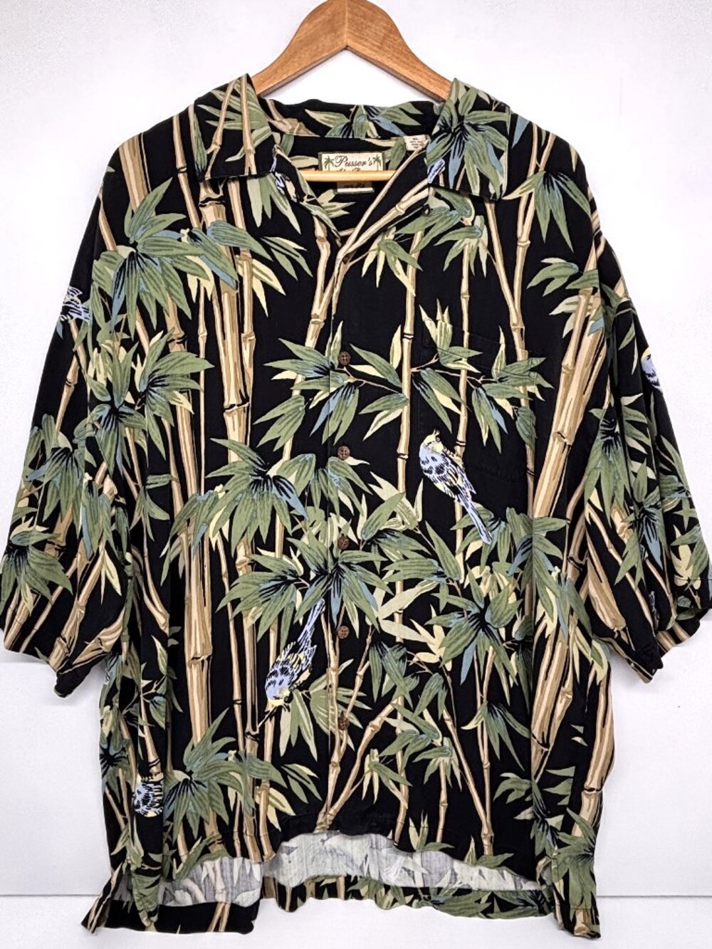 Pusser's Island Reserve 100% Silk Hawaiian Shirt Black Bamboo Parrots Men's XL
